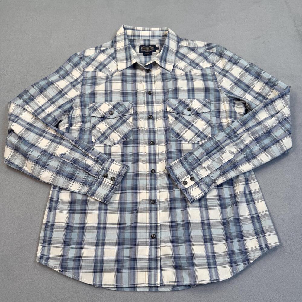 Pendleton Shirt Womens Medium Blue Plaid Western Snap Button Cotton Casual